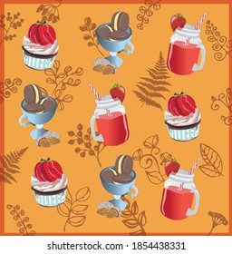 Strawberry sweet vector illustration on the orange background with plants