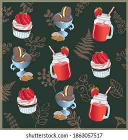 Strawberry sweet vector illustration on the green background with plants