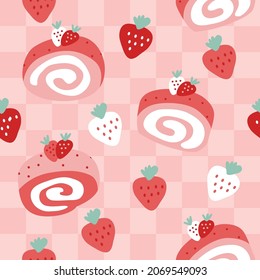 Strawberry swiss roll cake cartoons pattern. sweet pink background. The seamless cute pattern in a girl or baby fashion, Fresh and juicy colorful strawberry in valentine. Vector design for fashion.