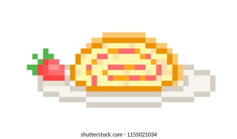 Strawberry swiss roll served on a plate, pixel art illustration isolated on white background. Biscuit dessert. Wedding/birthday party treat. Cafe/restaurant menu sticker. Strudel recipe.