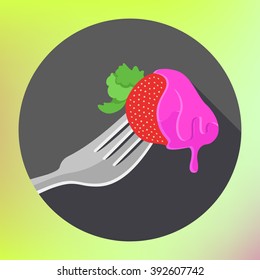 Strawberry in syrup vector illustration. flat long shadow style vector icon. Strawberry on fork covered by yoghurt fruit syrup flat sign