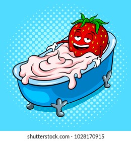 Strawberry take bath of cream pop art retro vector illustration. Cartoon food character. Color background. Comic book style imitation.