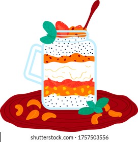 Strawberry tangerine cream milkshake, healthy smoothies cocktail isolated on white, cartoon vector illustration. Foodstuff fruit puree, glass cup mandarin seed chia, refreshing drink on wood table.