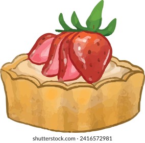 Strawberry tart watercolor cake on white isolated