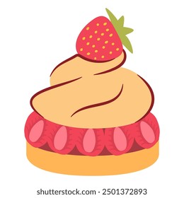 Strawberry tartlet.Tartlet with whipped cream.Tart dessert with berries.Sweet berry tart.Isolated on white background.Vector flat illustration.