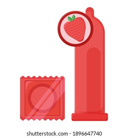 Tipo de sabor de fresa y etiqueta de condón en el paquete de color, concepto de icono de anticonceptivo de látex, ilustración vectorial plana, aislado en blanco. Protección contra enfermedades venéreas, sexo seguro.
