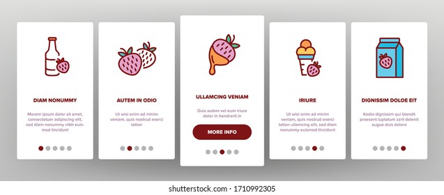 Strawberry Tasty Fruit Onboarding Icons Set Vector. Strawberry Syrup And Ice Cream, Juice And Yogurt, Jam Bottle And Smoothie Cup Illustrations