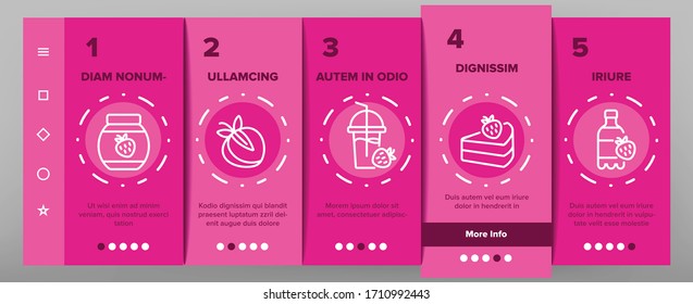 Strawberry Tasty Fruit Onboarding Icons Set Vector. Strawberry Syrup And Ice Cream, Juice And Yogurt, Jam Bottle And Smoothie Cup Illustrations