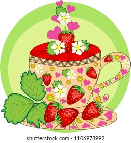 Strawberry tea. Tea cooked with love. A cup with strawberries, decorated with leaves and flowers, inscriptions about the utility
