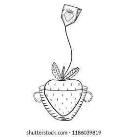 strawberry tea with a label in a mug with two handles on the white background