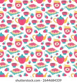 Strawberry tea party seamless pattern. Teapot and cup, toast and strawberry jam. Flat style vector illustration