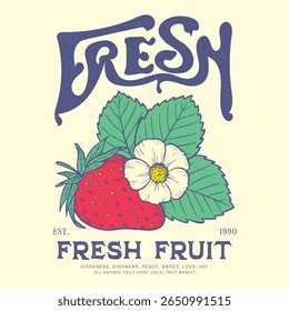 Strawberry Tee Shirt, vintage hand drawn fruits print design, fruit print artwork, summer t-shirt design, women's t-shirt, Strawberry Lovers Shirt, Retro Strawberry T-Shirt, Trendy Strawberry Tee