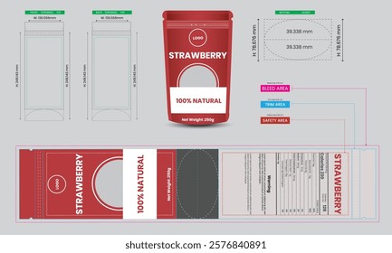 strawberry, template, snack, design, product, retail, package, blank, realistic, polymer, cardboard box, mock, background