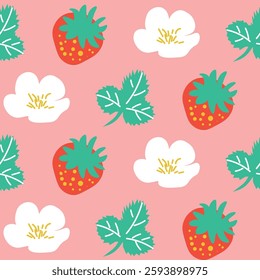 Strawberry Themed Botanical Pattern with Green Leaves and White Flowers. Colorful design showcasing strawberries, leaves, and blossoms on a pink background. Perfect motif for summer and botanical 
