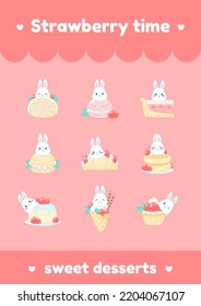 Tiempo de fresa. Conjunto de dibujos animados de conejos adorables sentados en postres de bayas de verano. Vector 10 EPS.