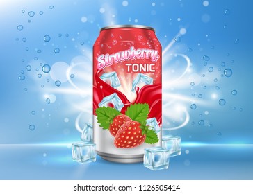 Strawberry Tonic Poster, Banner Design Template. Vector Realistic Illustration Of Fruit Soft Drink Aluminum Can Packaging Mock Up, Ice Cubes, Bubbles.