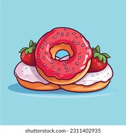 Strawberry Topped Donuts Vector, Flat Icon, Flat Design