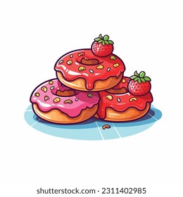 Strawberry Topped Donuts Vector, Flat Icon, Flat Design