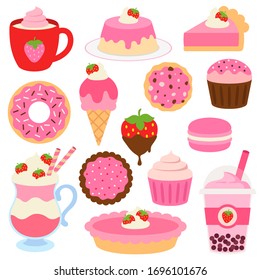 Strawberry treats flat style vector set. Berry chocolate illustrations. Sweets cartoon drawing. Dessert clipart collection. Pink valentine graphics. Cartoon confectionery isolated on white background