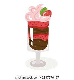 Strawberry trifle, a dessert laid out in layers in a glass glass, decorated with whipped cream and berries. Cute, cozy vector illustration. For a holiday card, banner, menu, coffee shop flyer.