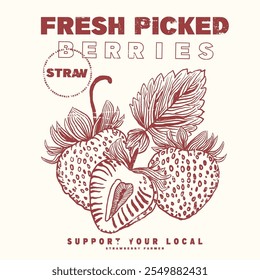 Strawberry T-Shirt, Fruit vintage t-shirt design. fruit print. Strawberry hand drawn vector graphics, t-shirts, women's food fashion. Trendy Strawberry Tee Shirt