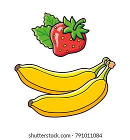 Strawberry and two bananas isolated