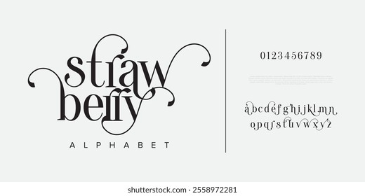 Strawberry typography beauty fashion elegant minimalist serif italic fonts decorative wedding vintage retro logos. Minimal luxury font alphabet logo. Vector illustration