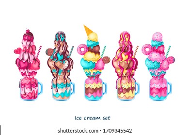 Strawberry, vanilla, caramel, mint and chocolate cocktails with ice cream, biscuits, donut, syrup and sprinkles in cocktail jars. The milkshakes set, vector illustration.