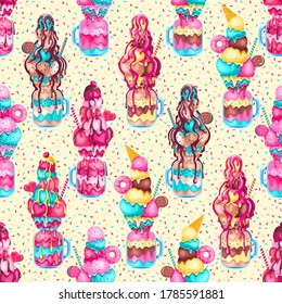 Strawberry, vanilla, caramel, mint and chocolate cocktails with ice cream, donut, syrup and sprinkles in cocktail jars. The milkshakes seamless pattern.Texture for fabric, wrapping, wallpaper