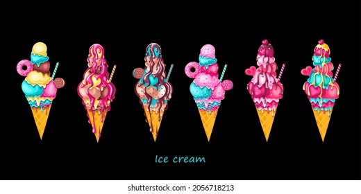 Strawberry, vanilla, caramel, mint and chocolate ice cream with biscuits, donut, syrup and sprinkles in waffle cone. The ice cream set, vector illustration.