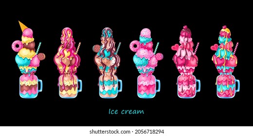 Strawberry, vanilla, caramel, mint and chocolate cocktails with ice cream, biscuits, donut, syrup and sprinkles in cocktail jars. The milkshakes set, vector illustration.