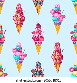 Strawberry, vanilla, caramel, mint and chocolate ice cream with donut, syrup and sprinkles, Seamless pattern.Texture for fabric, wrapping, wallpaper