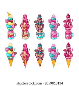 Strawberry, vanilla, caramel, mint and chocolate ice cream with biscuits, donut, syrup and sprinkles in waffle cone and in cocktail jars. The milkshakes and ice cream set, vector illustration.