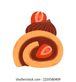 Strawberry vanilla chocolate cake roll. Japanese dessert roll.