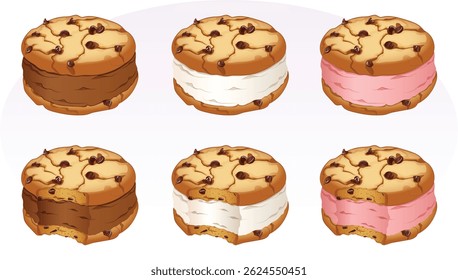 Strawberry, Vanilla and Chocolate Ice Cream Sandwiches with Chocolate Chip Cookies. Refreshing Summer Frozen Treats.