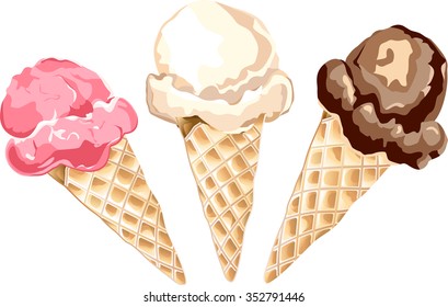 Strawberry, vanilla,
 and chocolate ice cream in wafer cones