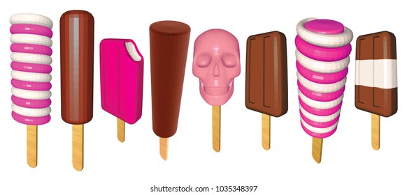 Strawberry, Vanilla and Chocolate Ice Creams Collection. Set of Popsicles Isolated on White Background. Popsicles in Pink Brown and White. Low Poly Realistic Vector Illustration.