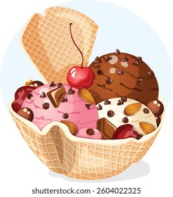 Strawberry, Vanilla and Chocolate Ice Scoops Served in Waffle Cup with Chocolate Chips, Candies, Almonds and Cherry Toppings. Summer Sweet Frozen Dessert Detailed Illustration.