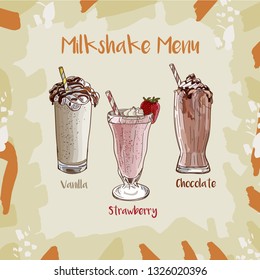 Strawberry, Vanilla, Chocolate Milkshakes set in glass isolated. Colorful vector illustration in sketch style. Hand drawn collection images for menu and poster design with fresh drink.