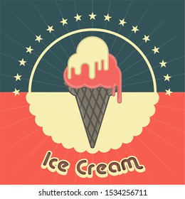 Strawberry and vanilla ice cream cone. Vintage poster - Vector illustration