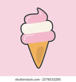 strawberry vanilla ice cream cone with outline flat vector design