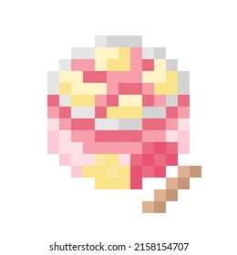 Strawberry and vanilla ice cream cup pixel art. Vector illustration.