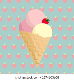 Strawberry vanilla ice cream on strawberries background vector