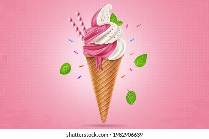 Strawberry and vanilla ice cream in waffle cone vector illustration