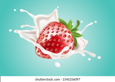 Strawberry Vector 3D realistic with milk liquid splashing. Of free space for your copy and branding. Food concept for Advertising.