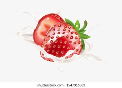Strawberry Vector 3D realistic with milk liquid splashing. Of free space for your copy and branding. Food concept for Advertising.