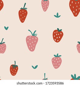 Strawberry vector background. Fruit print. Berry seamless pattern for fabric, prints, textile, wrapping paper, birthdays, invitations. Abstract summer background. Vegetarian healthy food illustration