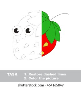 Strawberry in vector to be traced. Restore dashed line and color the picture. Visual game for children. Easy educational kid gaming. Simple level of difficulty. Worksheet for kids education.