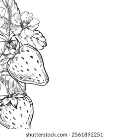 Strawberry vector black and white frame hand drawn with ink. Leaves, berries and flowers of strawberry on a white background. Template for label design