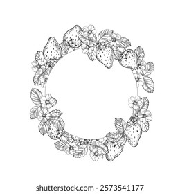 Strawberry vector black and white wreath hand drawn with ink. Round frame with leaves, berries on a white background. Template for label design